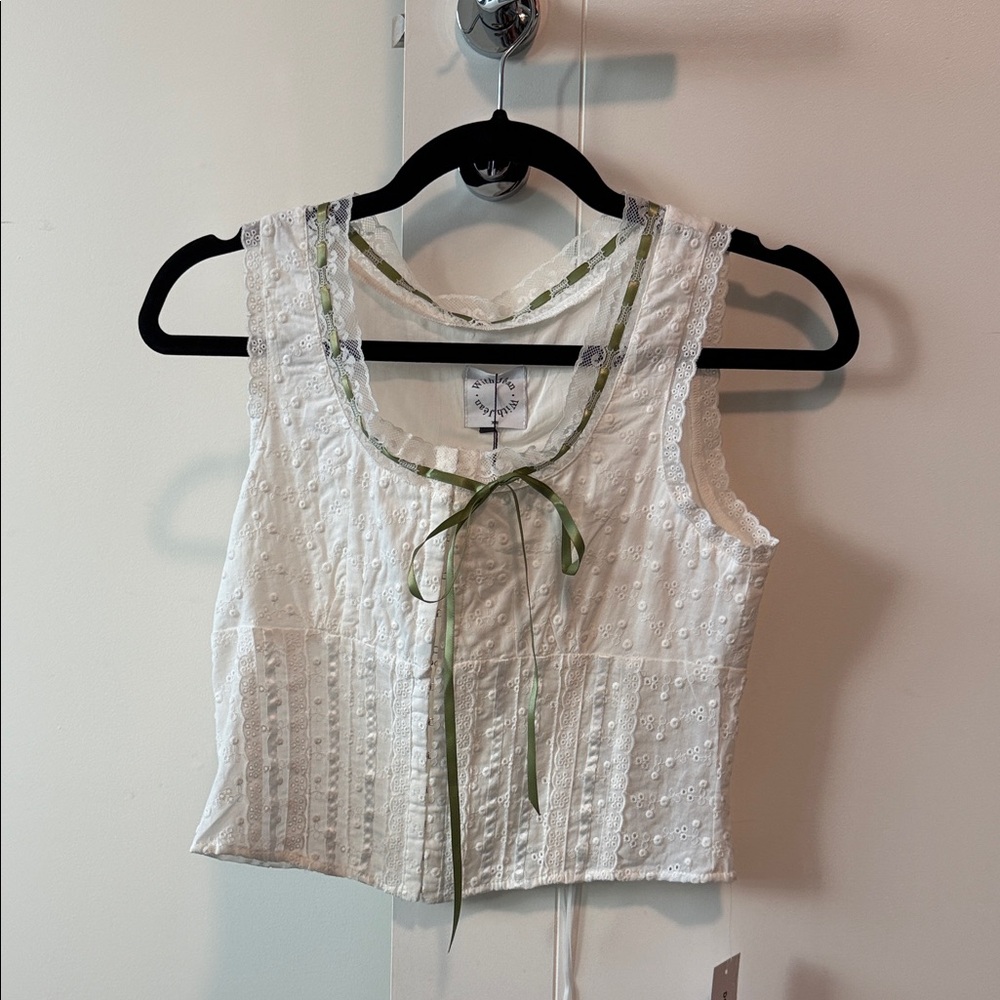 With Jean White Eyelet Cotton Sleeveless Corset Top with Olive Ribbon